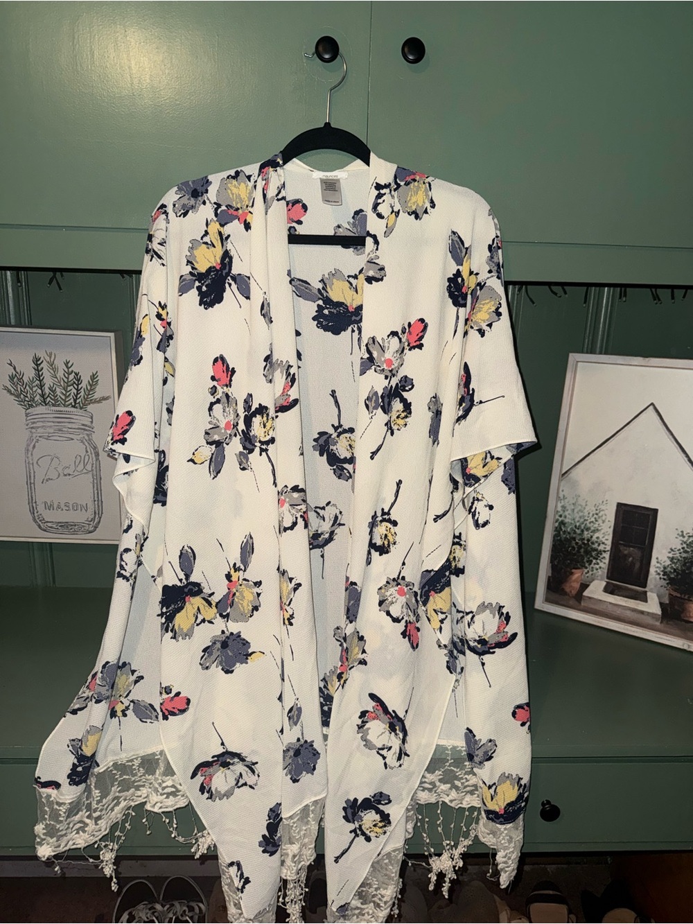 Maurices White Floral Open-Front Kimono with Navy Accents